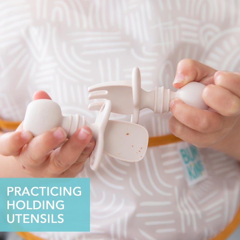 Bumkins Baby Utensils Set, Chewtensils Silicone Spoons for Dipping, Self-Feeding, Baby Led Weaning, Trainer Learning, First Stage Eating, Soft Practice Fork and Spoon, Babies 6 Months, Sand Beige - Image 2