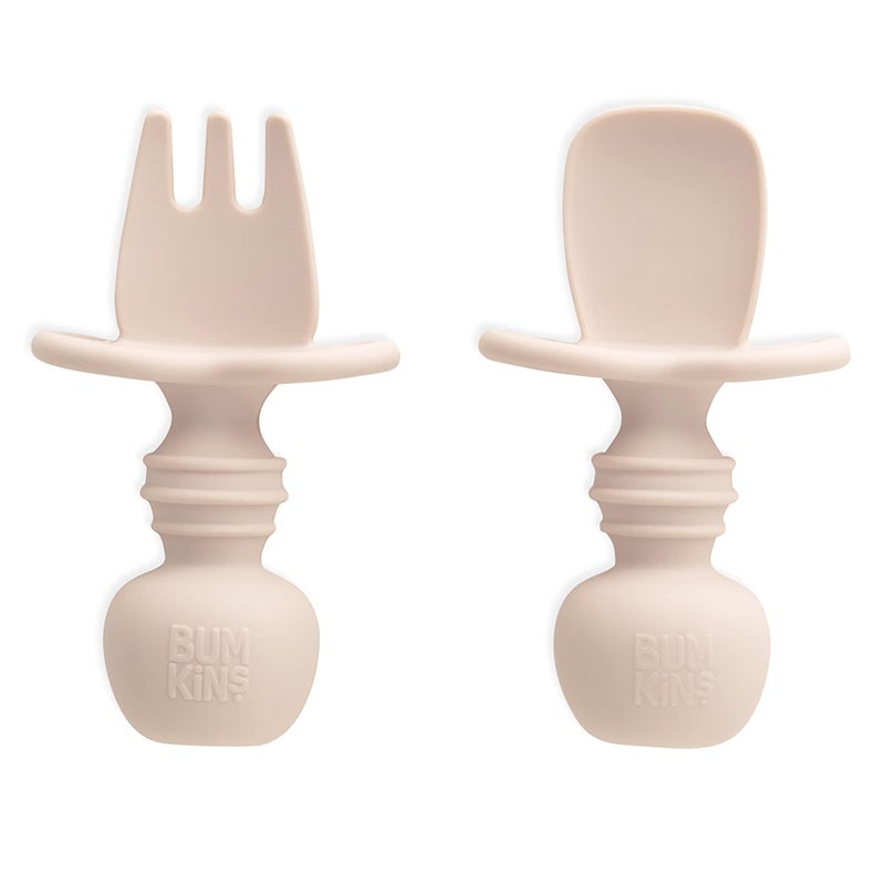 Bumkins Baby Utensils Set, Chewtensils Silicone Spoons for Dipping, Self-Feeding, Baby Led Weaning, Trainer Learning, First Stage Eating, Soft Practice Fork and Spoon, Babies 6 Months, Sand Beige - Image 1