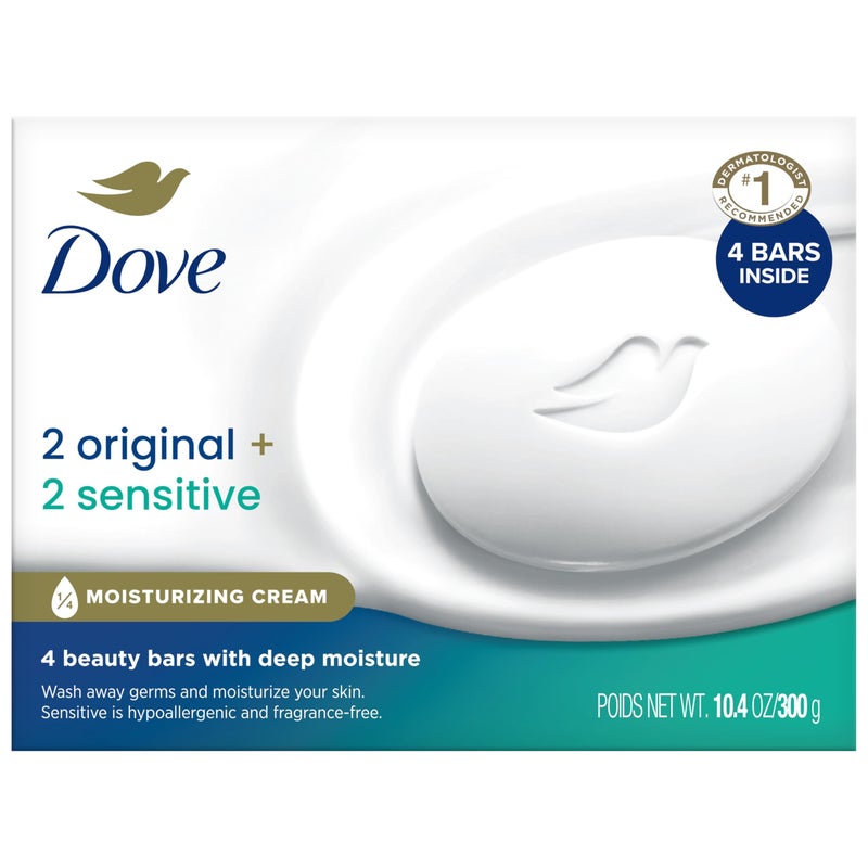 Dove Beauty Bar Soap Variety 4-Pack â€“ Sensitive Skin, Fragrance-Free + Original, with Moisturizing Cream, 2.6 Oz Ea - Image 2