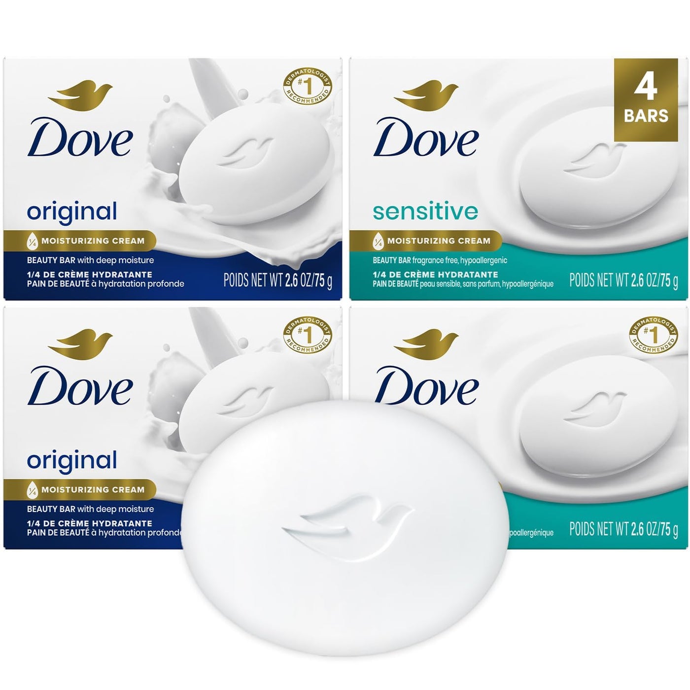 Dove Beauty Bar Soap Variety 4-Pack â€“ Sensitive Skin, Fragrance-Free + Original, with Moisturizing Cream, 2.6 Oz Ea