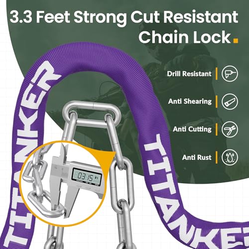 Titanker Bike Chain Lock with Key, 3.3 Feet Heavy Duty Anti-Theft Bike Lock Chain Security Bicycle Chain Locks for Bike, Motorcycle, Bicycle, Door, Gate, Fence, Grill (8mm Thick Chain, Purple) - Image 2