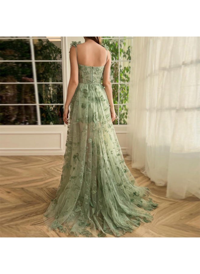 NIBEMINENT Sage Green Butterfly Long Prom Dress Spaghetti Straps High Side Split Sweetheart Backless Dress A-line Evening Party Gown  - Image 4