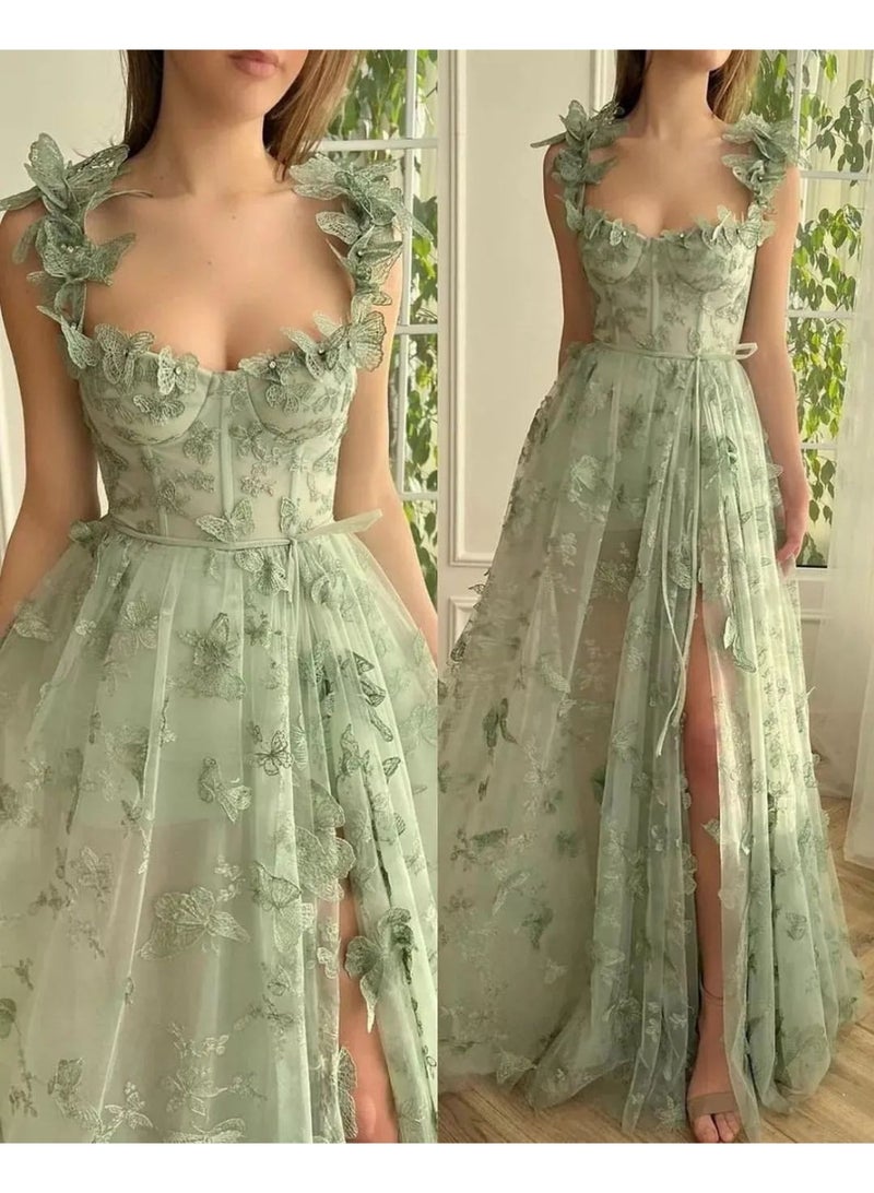 NIBEMINENT Sage Green Butterfly Long Prom Dress Spaghetti Straps High Side Split Sweetheart Backless Dress A-line Evening Party Gown  - Image 3