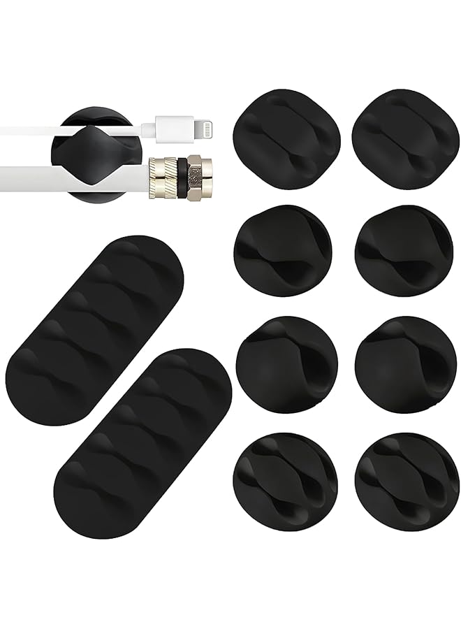 10 Pcs Cable Holder Clips, Desk Cable Management Clips, Nightstand Phone Charging Cord Holder, 1 2 3 5 Holes Self Adhesive Wire Organizer (Black)