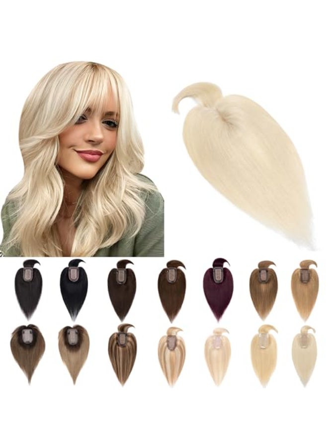 SEGO Hair Toppers for Women Real Human Hair With Bangs 7 13CM Silk Base 100 Remy Human Hair Clip in Top Wiglet Hairpieces Add Volume 8 Inch Platinum Blonde - Image 1