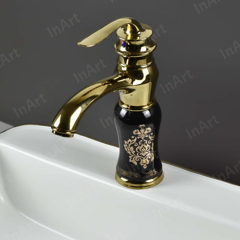 inart صنبور حوض بيلار بتشطيب لامع أسود وذهبي من إن آرت لصنابير حوض الغسيل، خلاط مياه ساخنة وباردة، تصميم شلال، تركيب على الطاولة، أسود وذهبي 1 - Image 5