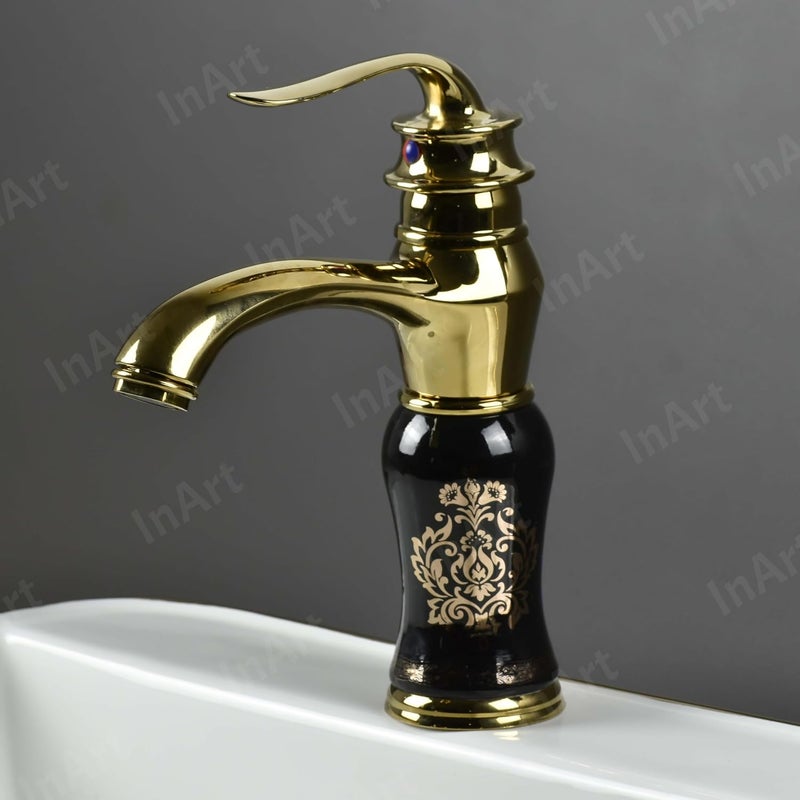 inart صنبور حوض بيلار بتشطيب لامع أسود وذهبي من إن آرت لصنابير حوض الغسيل، خلاط مياه ساخنة وباردة، تصميم شلال، تركيب على الطاولة، أسود وذهبي 1 - Image 3