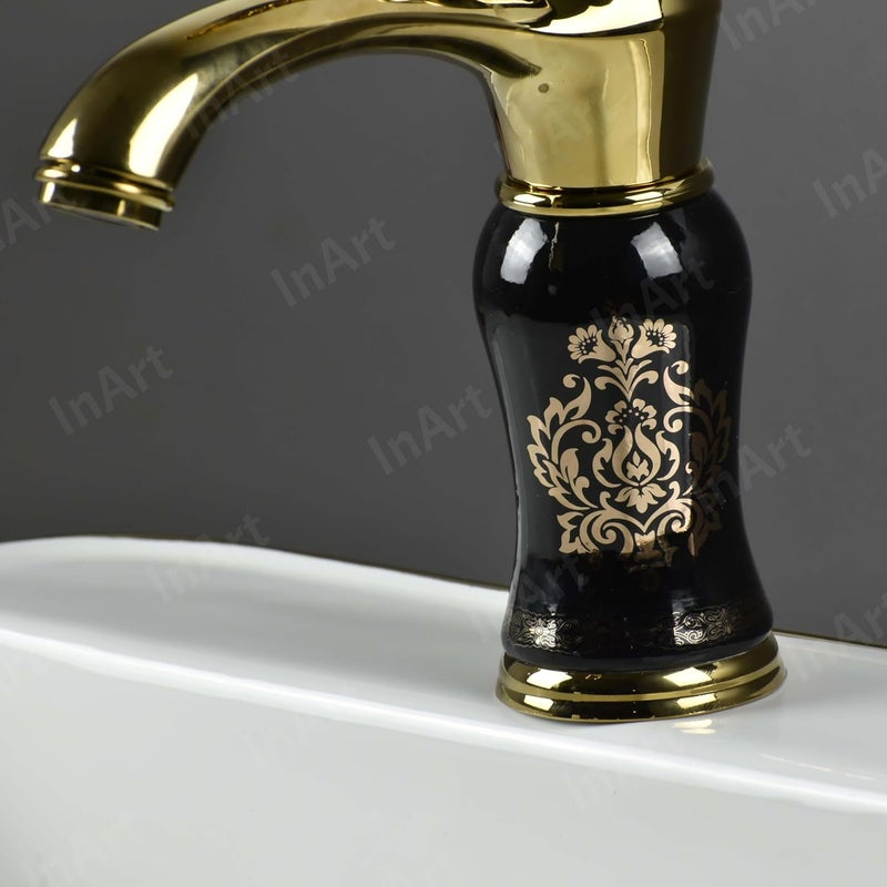 inart صنبور حوض بيلار بتشطيب لامع أسود وذهبي من إن آرت لصنابير حوض الغسيل، خلاط مياه ساخنة وباردة، تصميم شلال، تركيب على الطاولة، أسود وذهبي 1 - Image 4