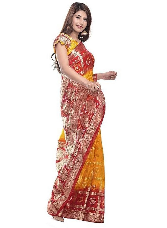 PK MART Women's Bandhani Banarasi Gharchola Art Silk Saree, Traditional Jaipuri, 5.5 Metre with unstitched Blouse Piece, Running blouse (Gold Red) - Image 2