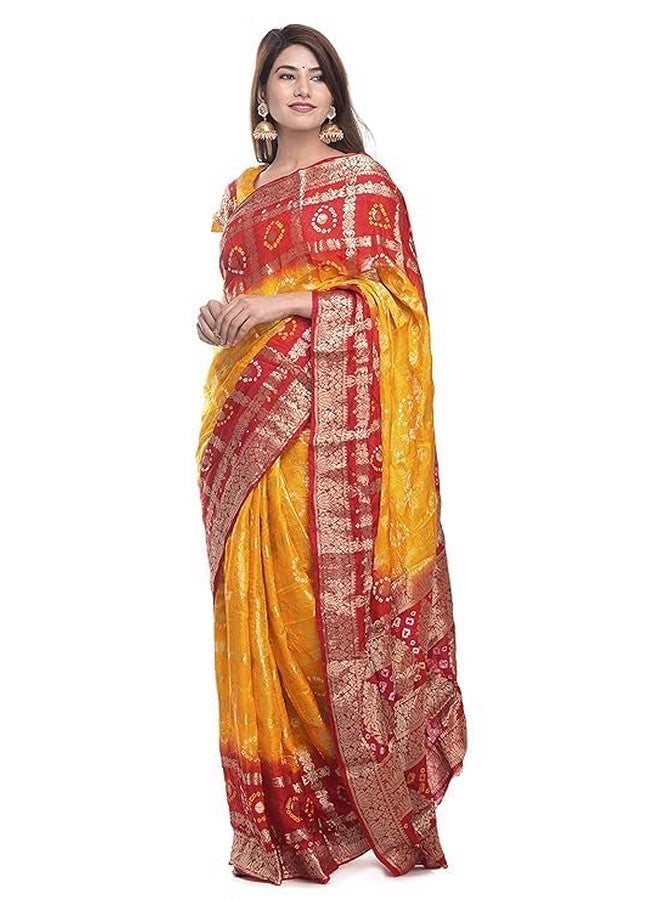 PK MART Women's Bandhani Banarasi Gharchola Art Silk Saree, Traditional Jaipuri, 5.5 Metre with unstitched Blouse Piece, Running blouse (Gold Red) - Image 1