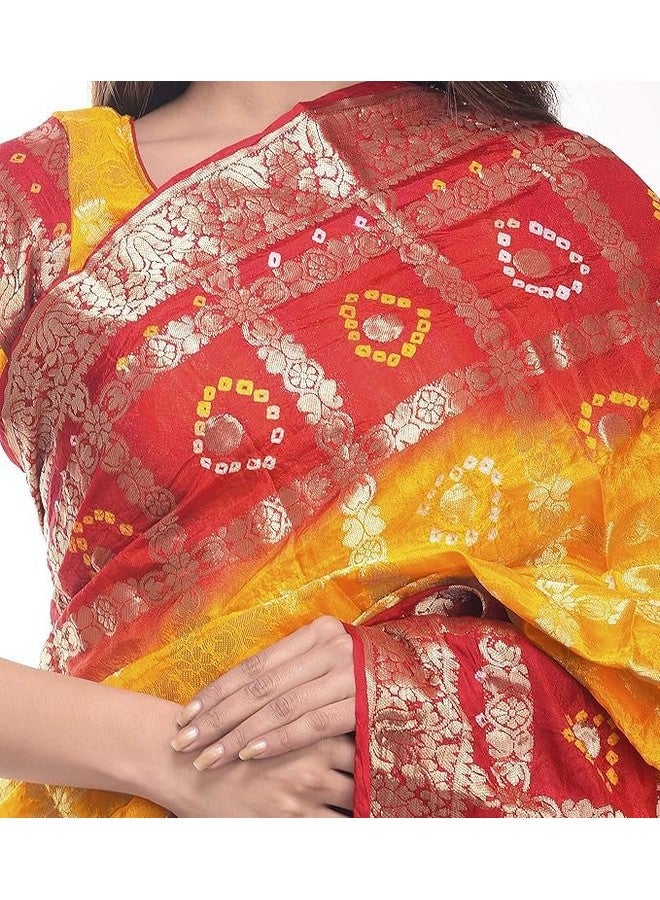 PK MART Women's Bandhani Banarasi Gharchola Art Silk Saree, Traditional Jaipuri, 5.5 Metre with unstitched Blouse Piece, Running blouse (Gold Red) - Image 3