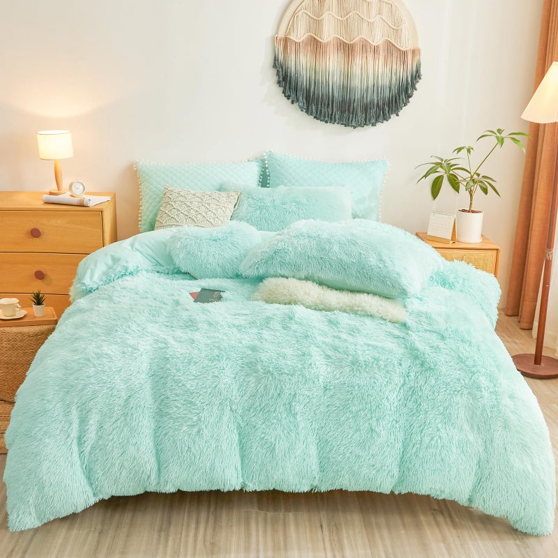 Plush Fluffy Aqua Comforter Cover Queen Set  Faux Fur Plush Aqua Bedding 3Piece Set 1 Duvet Cover  2 Furry Pillow Shams Cozy Bed Set