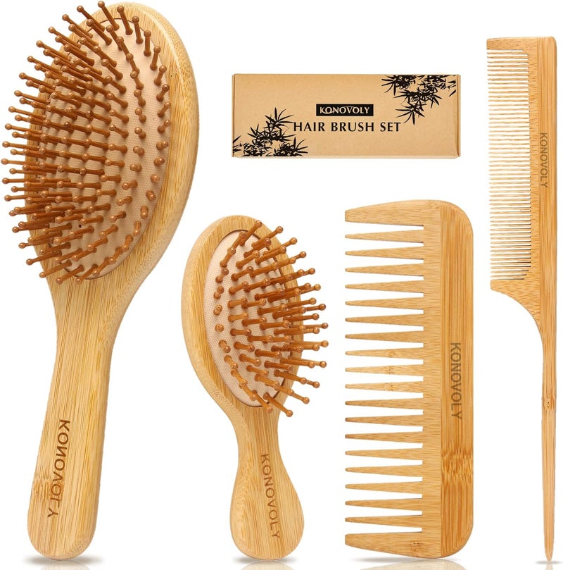 4 Piece Bamboo Hair Brush and Comb Set with Paddle Detangling Hairbrush Natural Widetooth and tail comb No Bristle suit for Women Men Kids ThickThinCurlyDry Hair Gift kit