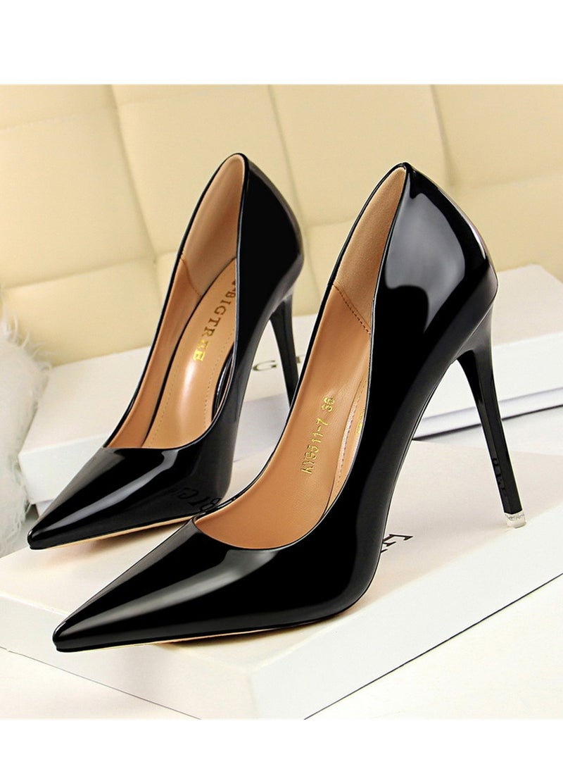 BIGTREE 10.5CM Fashion Simple Slim Heels With Bright Surface Patent Leather Shallow Mouth Pointed Head Slim Women's Heels Black - Image 1