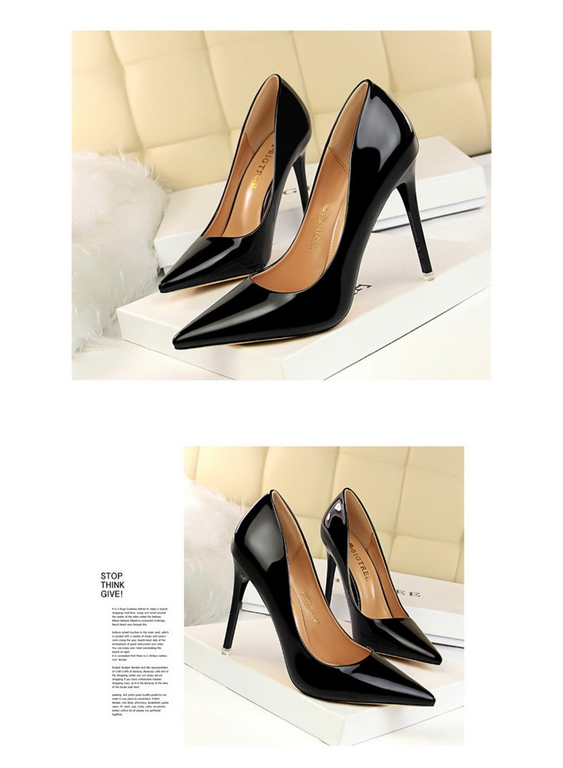 BIGTREE 10.5CM Fashion Simple Slim Heels With Bright Surface Patent Leather Shallow Mouth Pointed Head Slim Women's Heels Black - Image 2