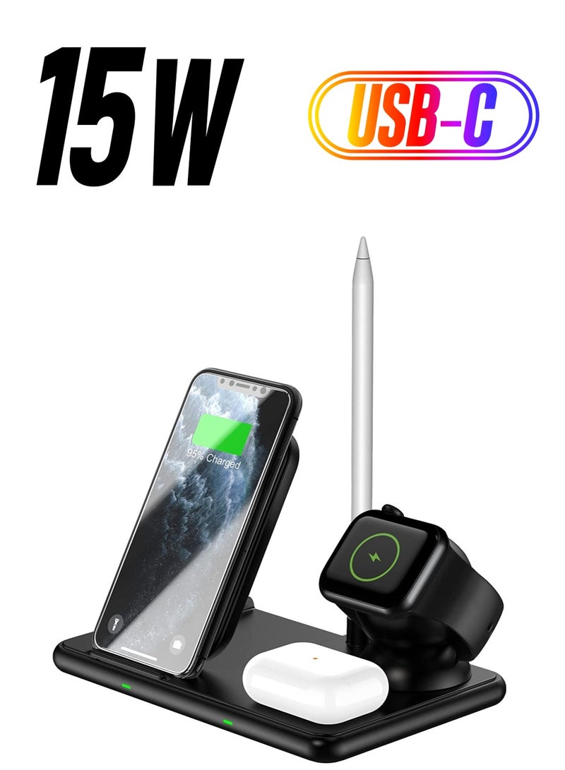 KASTWAVE 4-in-1 Wireless Charging Stations, 15W Multi-Device Wireless Folding Fast Charging Station, Multi-Function Fast Charging for Smartphone, Smartwatch, Earphones, and Stylus Pens - Image 1