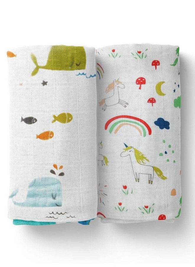 MOM'S HOME Organic Cotton Baby Muslin Swaddle Combo ; Blue Whale & Unicorn ; 100X100 Cm ; 0 12 Months ; Multicolor ; Pack Of 2  - Image 4