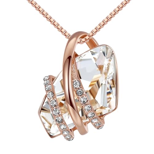 Leafael Wish Stone Pendant Necklace with Crystal White Birthstone Crystal for April, 18K Rose Gold Plated, 18" + 2" Chain - Image 1