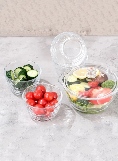 5 Pieces Glass Bowls Thick Clear Pot Multifunctional Heat Resistant Cookware Dinnerware Set Including Clear Glass Bowl with Lid and 4 Multi-Purpose Bowls for Kitchen Salad Fruit