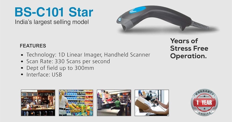 TVS ELECTRONICS BS-C101 Star Barcode Scanner |Aim and Shoot Trigger |1D linear imager to scanner |Express Speed of 330 scans per second|plug and play|2500 Pixels|1D CCD Imaging technology| - Image 5