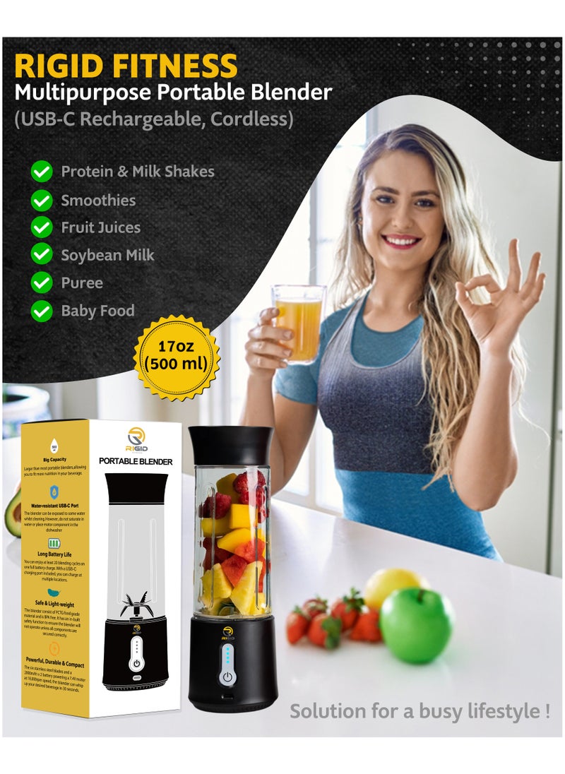 RIGID FITNESS - Portable Mini Blender - 500ml Cordless Mixer for Fruits Shakes & Protein Smoothies 150W – USB-C Rechargeable, 6 Powerfull Blades with Extra Blending Pulse & BPA-Free - for Daily Use - Image 1
