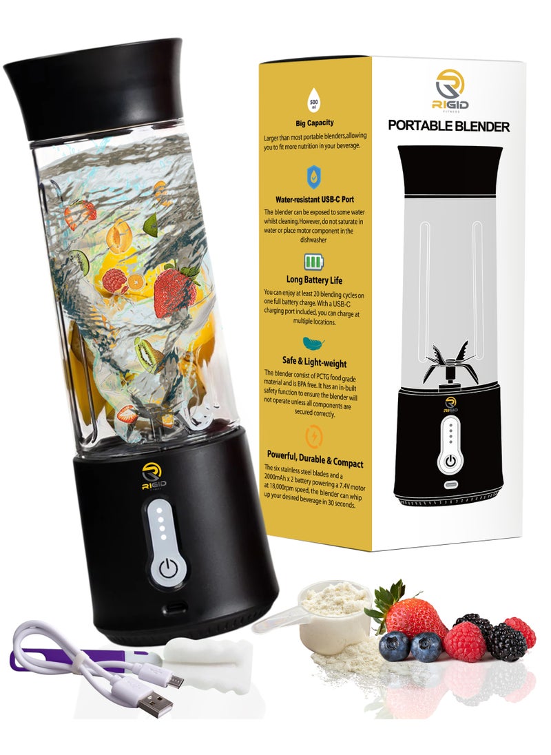RIGID FITNESS - Portable Mini Blender - 500ml Cordless Mixer for Fruits Shakes & Protein Smoothies 150W – USB-C Rechargeable, 6 Powerfull Blades with Extra Blending Pulse & BPA-Free - for Daily Use - Image 1