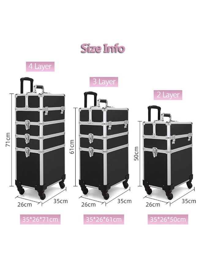 Professional Trolley Makeup Case, Large Capacity Rolling Makeup Organizer Case for Cosmetics MakeUp Brushes, Portable Makeup Train Case for Hair, Beauty & Makup Artists (Black Silver, 4 Layer) - Image 2
