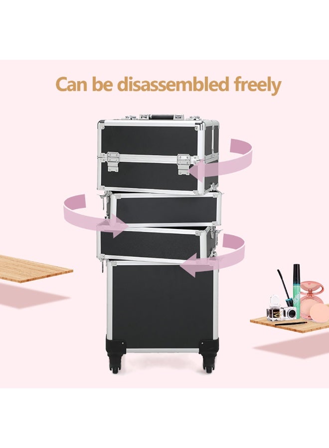 Professional Trolley Makeup Case, Large Capacity Rolling Makeup Organizer Case for Cosmetics MakeUp Brushes, Portable Makeup Train Case for Hair, Beauty & Makup Artists (Black Silver, 4 Layer) - Image 3