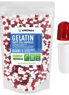 Size 1 Empty Capsules - 1000 Count Empty Gelatin Capsules - Empty Pill Capsules - DIY Capsule Filling - Pure Bovine Pill Capsules Empty Gel Caps (Clear Red/White)