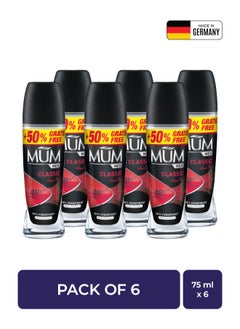MUM Deodorant Roll-on - Men Classic, 48-Hrs Protection, Quick Drying Formula For All Skin Type, Pack of 6, 75ml Each  - Image 1