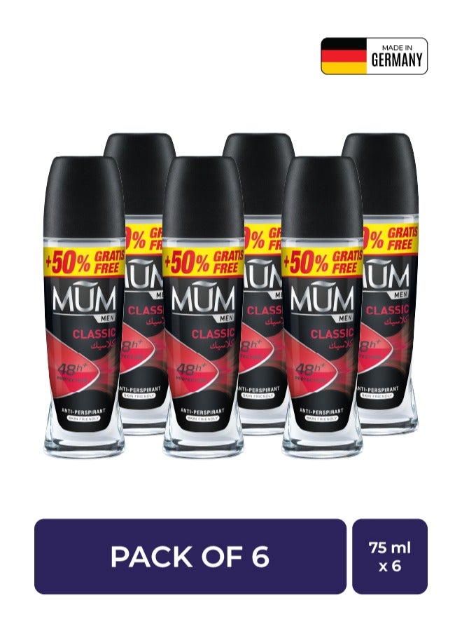 MUM Deodorant Roll-on - Men Classic, 48-Hrs Protection, Quick Drying Formula For All Skin Type, Pack of 6, 75ml Each - Image 1