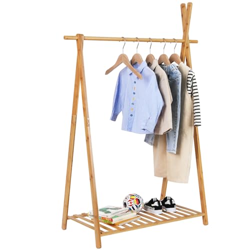 Jotsport Bamboo Kids Dress Up Rack with Storage Shelf Small Child Garment Rack Open Wardorbe Closet for Play Room, Nursery, Baby Shower - Image 1
