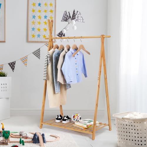Jotsport Bamboo Kids Dress Up Rack with Storage Shelf Small Child Garment Rack Open Wardorbe Closet for Play Room, Nursery, Baby Shower - Image 2