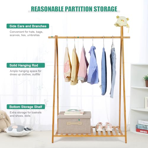 Jotsport Bamboo Kids Dress Up Rack with Storage Shelf Small Child Garment Rack Open Wardorbe Closet for Play Room, Nursery, Baby Shower - Image 3