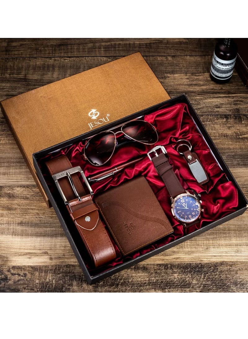 JESOU 6-in-1 Deluxe Gift Set: Sunglasses, Belt, Wallet, Keychain, Signature Pen, and Large Dial Quartz Watch. - Image 1