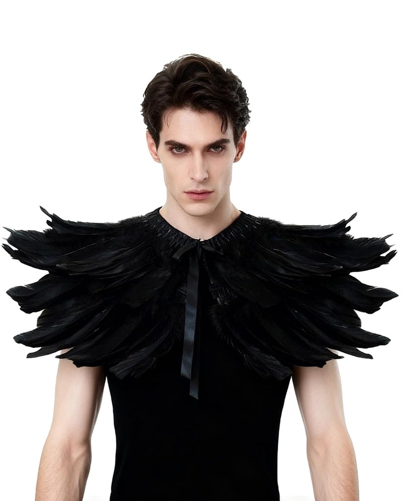 L'VOW Men' Gothic Natural Feather Shrug Shawl Cape Stole Collar Halloween Costumes (Black-05) - Image 1