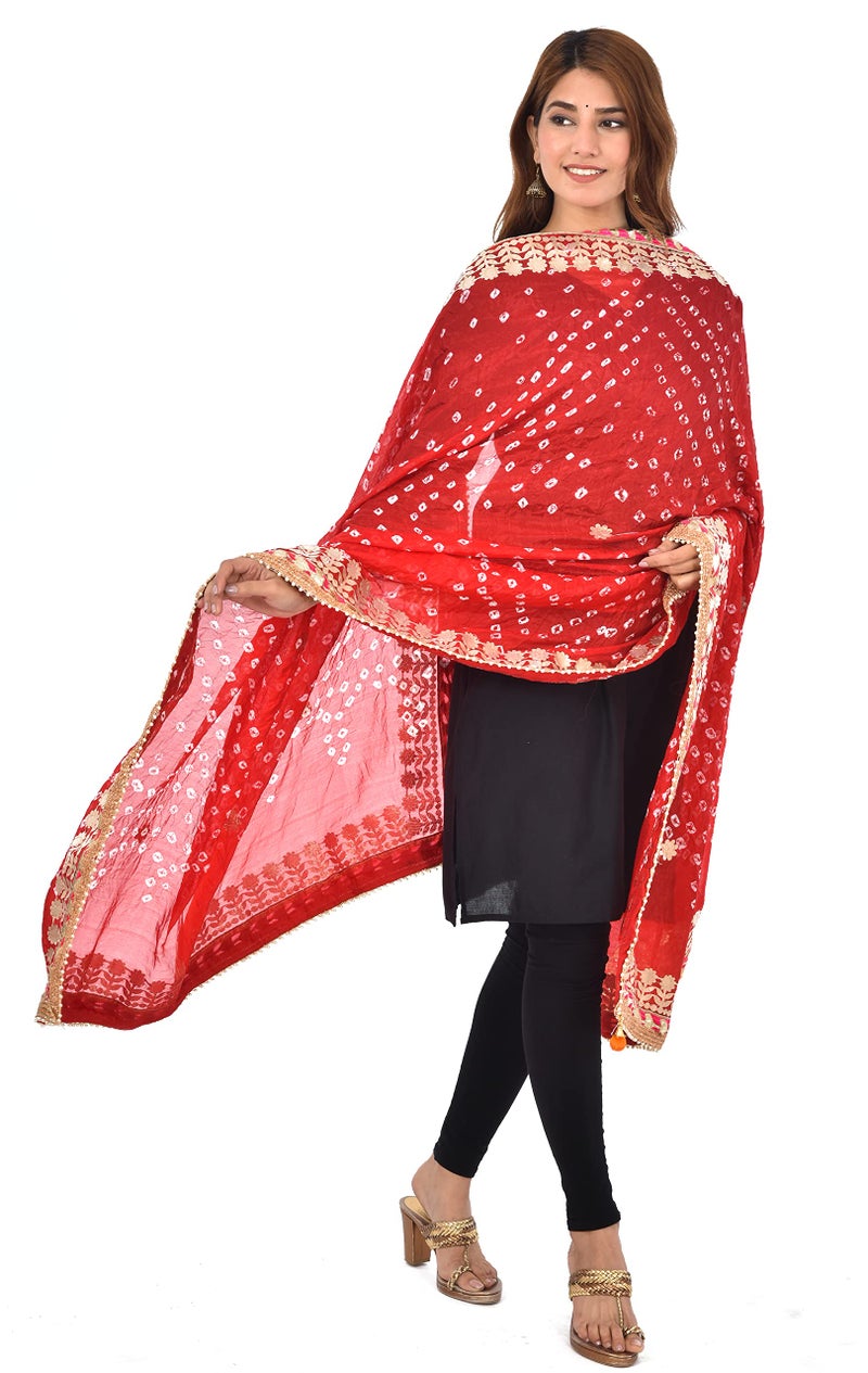 PK HUB Women's Silk Jaipuri Rajasthani Bandhani Bandhej Dupatta | Heavy Gota Patti Work with Latkan – Red (Free Size) - Image 4