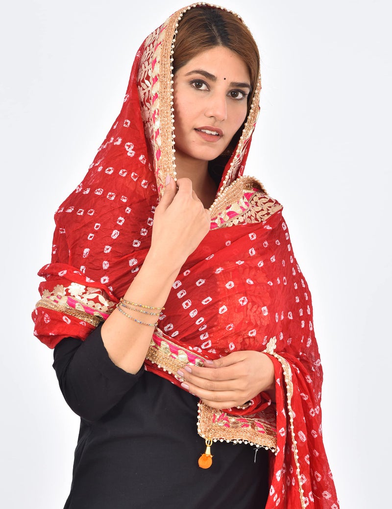 PK HUB Women's Silk Jaipuri Rajasthani Bandhani Bandhej Dupatta | Heavy Gota Patti Work with Latkan – Red (Free Size) - Image 2