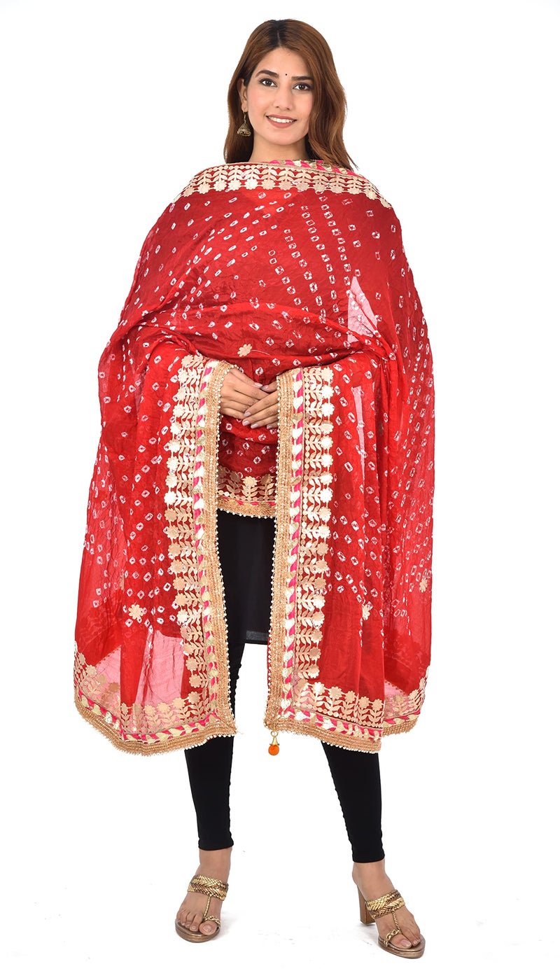 PK HUB Women's Silk Jaipuri Rajasthani Bandhani Bandhej Dupatta | Heavy Gota Patti Work with Latkan – Red (Free Size) - Image 3