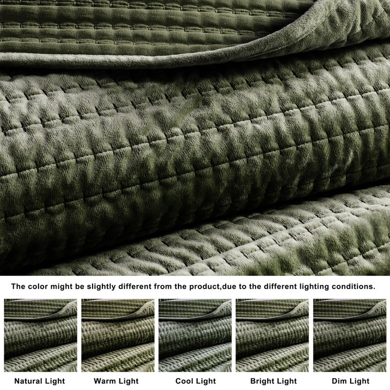 WDCOZY Velvet Queen Size Quilt Set - Olive Green Striped Pick Stitch Soft Lightweight Bedspread, Channel Farmhouse Country Rustic Coverlet, Modern Bedding Warm Thin Comforter, 3 Pieces - Image 4