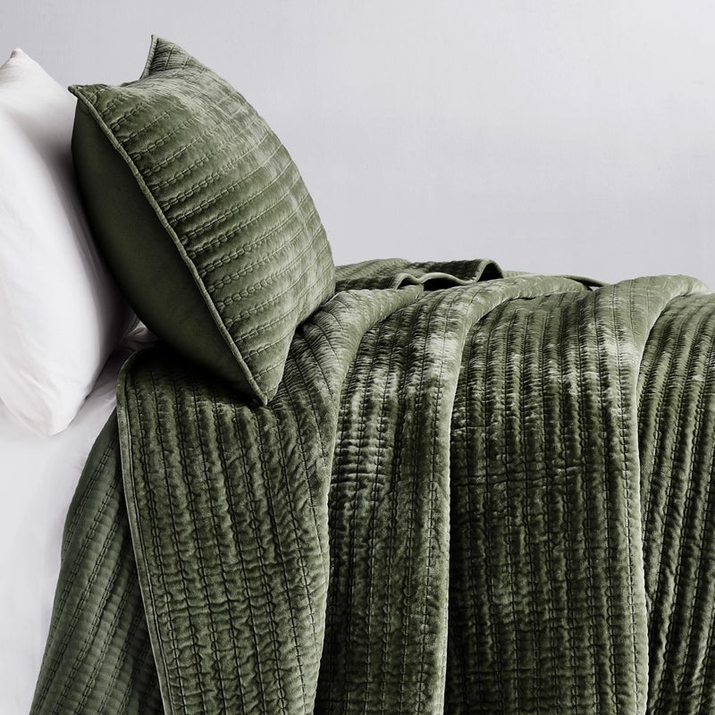 WDCOZY Velvet Queen Size Quilt Set - Olive Green Striped Pick Stitch Soft Lightweight Bedspread, Channel Farmhouse Country Rustic Coverlet, Modern Bedding Warm Thin Comforter, 3 Pieces - Image 5
