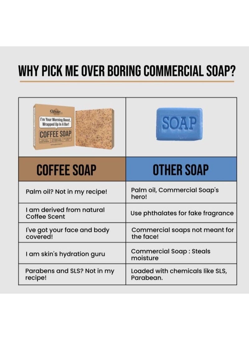 GHAR SOAP Ghar Coffee Soap, 100% Organic Handmade Chemical-Free Coffee Soap Pack of 1 – Natural Exfoliating, Moisturizing & Anti-Aging Soap Bar for Sensitive Skin, SLS-Free, Vegan, Tan Removal Soaps - Image 3