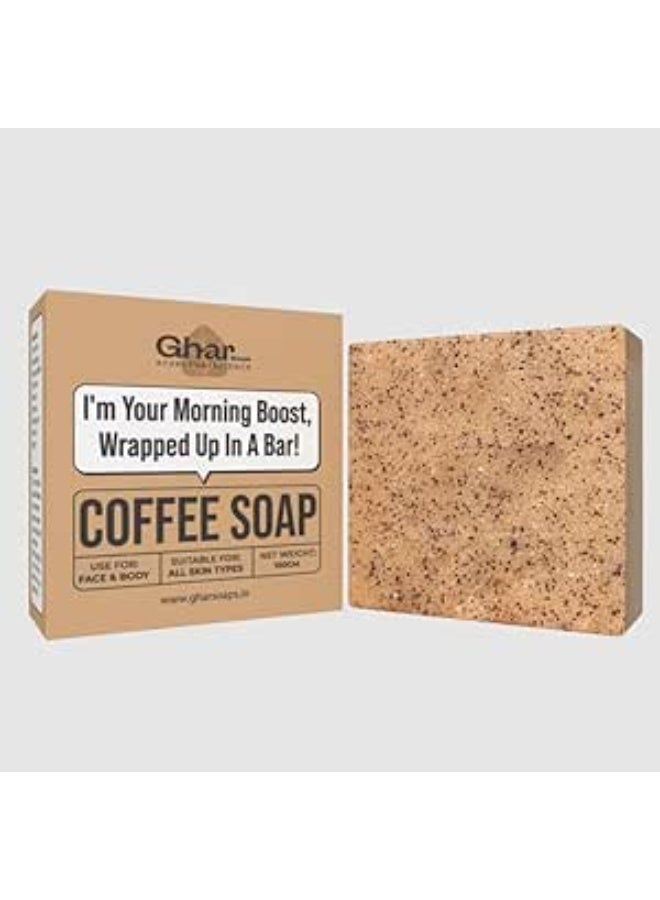 GHAR SOAP Ghar Coffee Soap, 100% Organic Handmade Chemical-Free Coffee Soap Pack of 1 – Natural Exfoliating, Moisturizing & Anti-Aging Soap Bar for Sensitive Skin, SLS-Free, Vegan, Tan Removal Soaps - Image 1