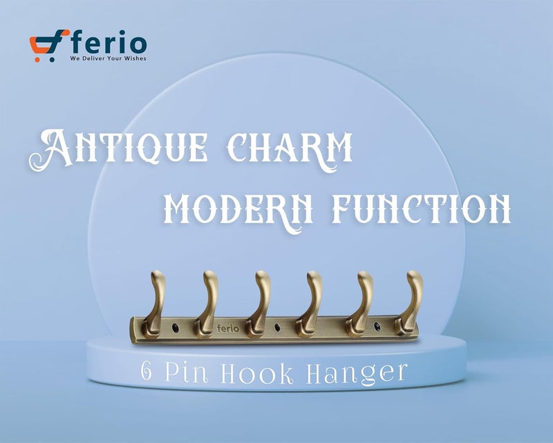 FERIO Zinc 6 Pin Hook Cloth Hanger Door Wall Hooks Rail for Hanging Clothes Bathroom Cloth Hooks Hanger Door Wall Bedroom Bathroom Robe Hooks Pack of 1 Brass Antique 6 Hook - Image 4