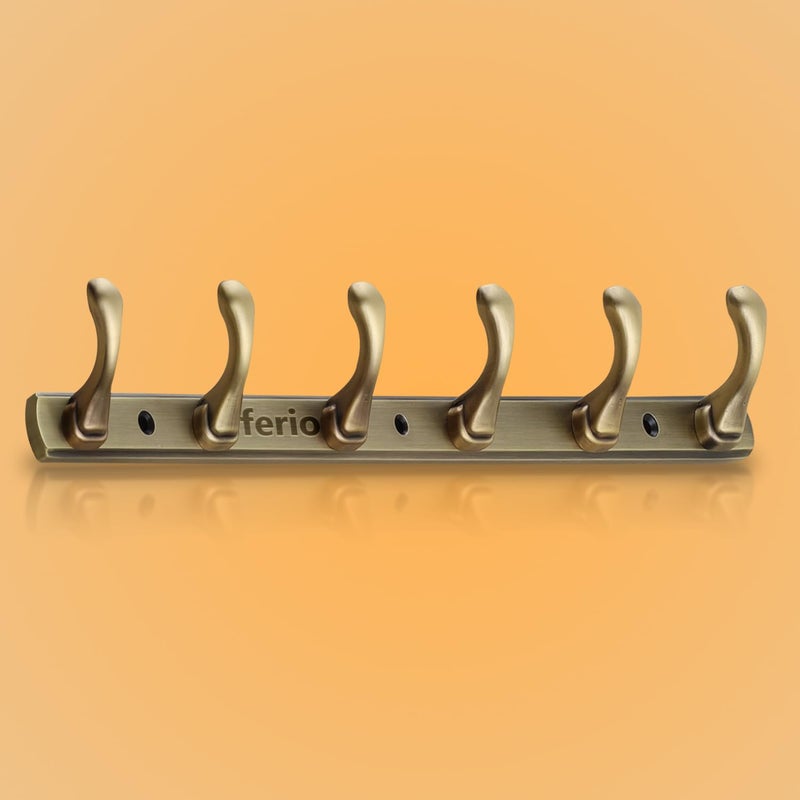 FERIO Zinc 6 Pin Hook Cloth Hanger Door Wall Hooks Rail for Hanging Clothes Bathroom Cloth Hooks Hanger Door Wall Bedroom Bathroom Robe Hooks Pack of 1 Brass Antique 6 Hook - Image 5