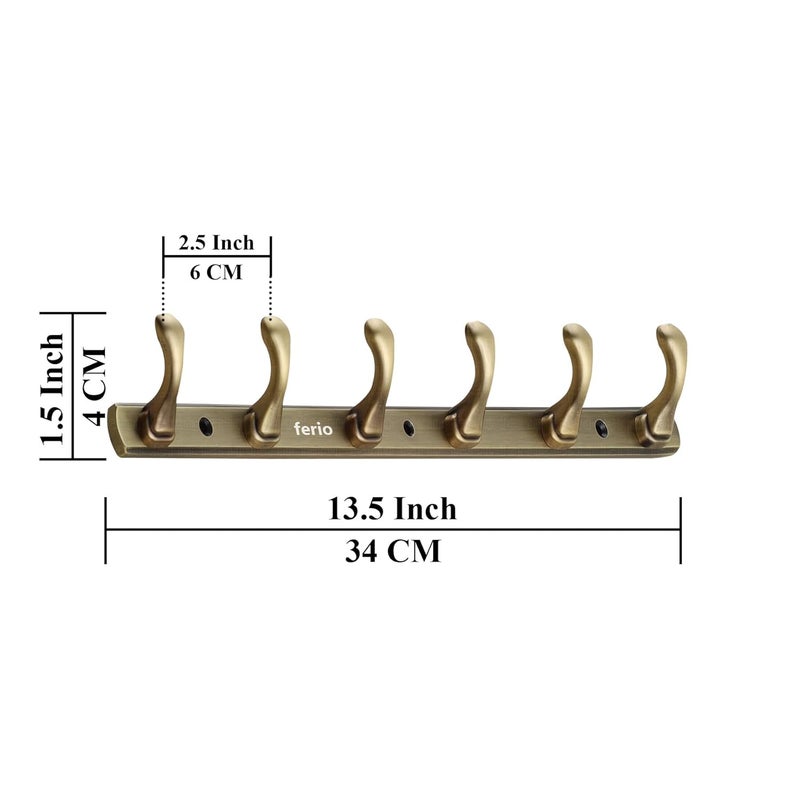 FERIO Zinc 6 Pin Hook Cloth Hanger Door Wall Hooks Rail for Hanging Clothes Bathroom Cloth Hooks Hanger Door Wall Bedroom Bathroom Robe Hooks Pack of 1 Brass Antique 6 Hook - Image 2