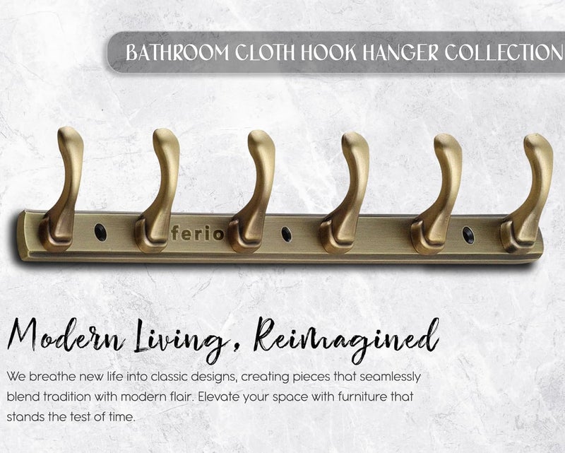 FERIO Zinc 6 Pin Hook Cloth Hanger Door Wall Hooks Rail for Hanging Clothes Bathroom Cloth Hooks Hanger Door Wall Bedroom Bathroom Robe Hooks Pack of 1 Brass Antique 6 Hook - Image 3