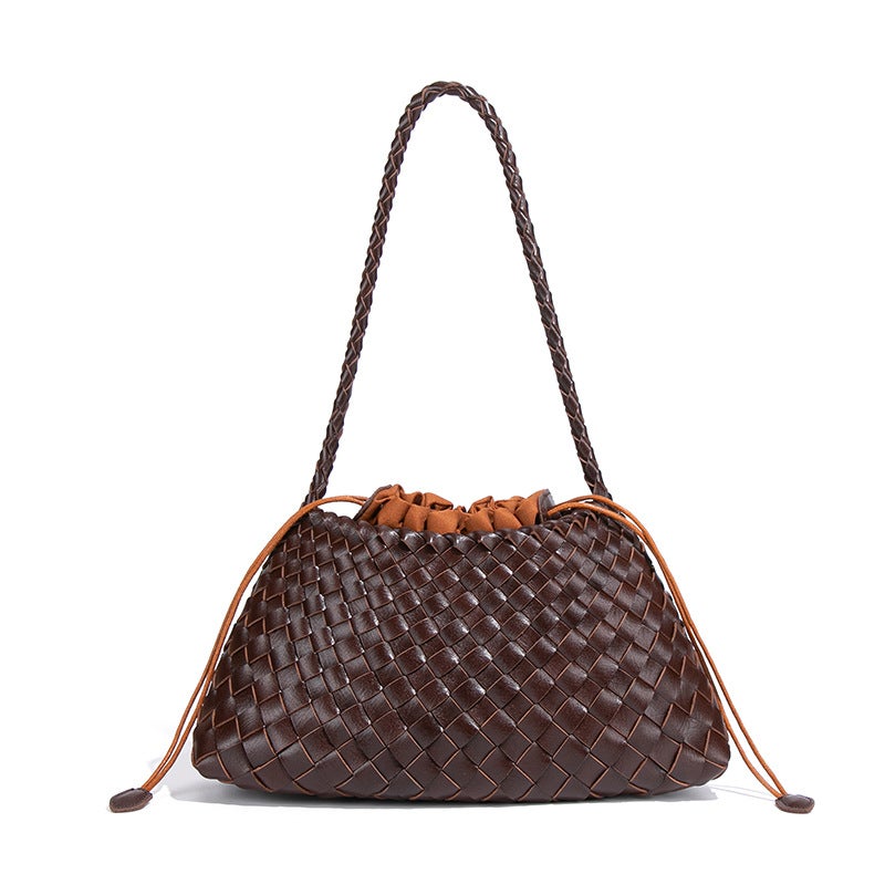 Soft PU Woven Bucket Bag with Drawstring Closure for Women - Image 1