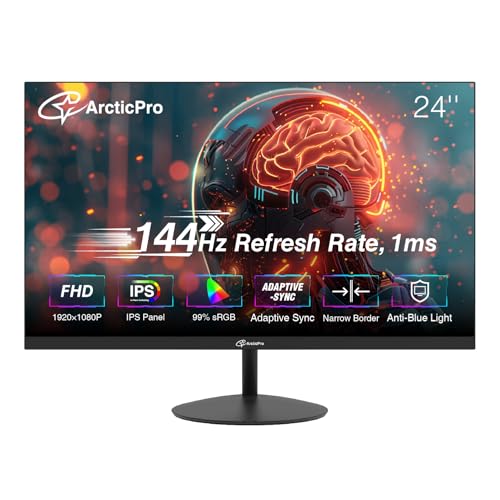 ArcticPro 24inch Computer Monitor, FHD 1080p, 144Hz Office and Gaming Monitor, IPS, Adaptive Sync, 110% sRGB, 1ms, 3-Sided Frameless, Ultra Slim, VESA Mountable, Anti-Blue Light Design, HDMI, DP - Image 1