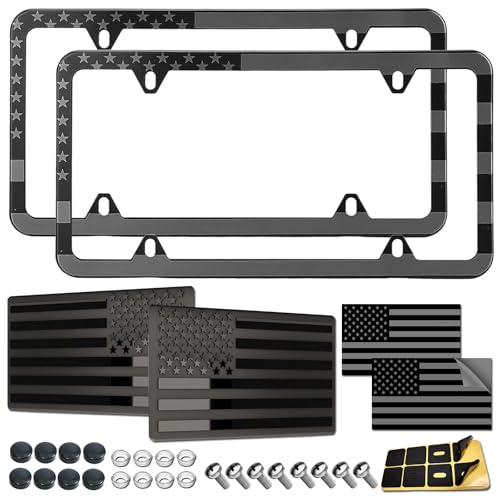 GNSZSN American Flag License Plate Frames - 2 Pack Black Stainless Steel Patriotic USA Car Tag Frame with UV-Printed Flag & 3D Metal Decals - Image 1